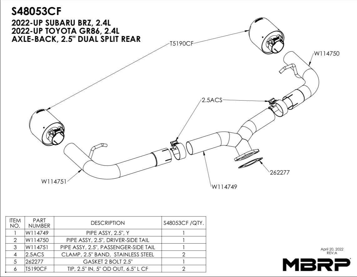 MBRP 2022 Subaru BRZ 2.4L/Toyota GR86 2.4L 2.5in Dual Split Rear Exit w/5in OD CF Tips - T304
